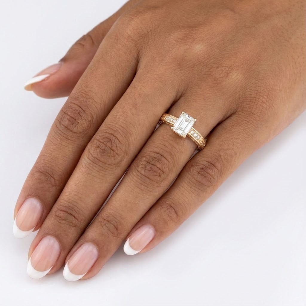 Vintage Engagement Ring 14K Rose Gold 1.64 Carat Emerald Lab-Grown Diamond G VS1