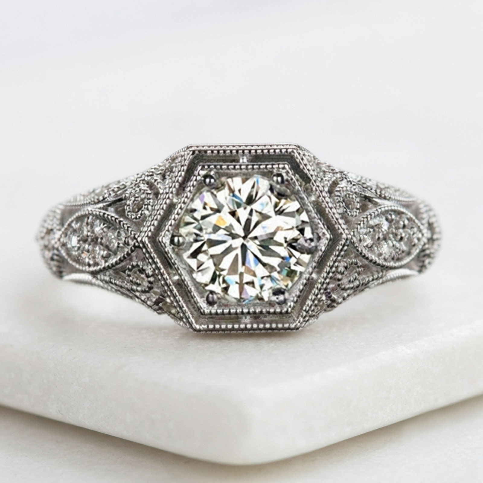 Antique Art Deco Style Round Simulated Diamond 14K Gold Milgrain Engagement Ring