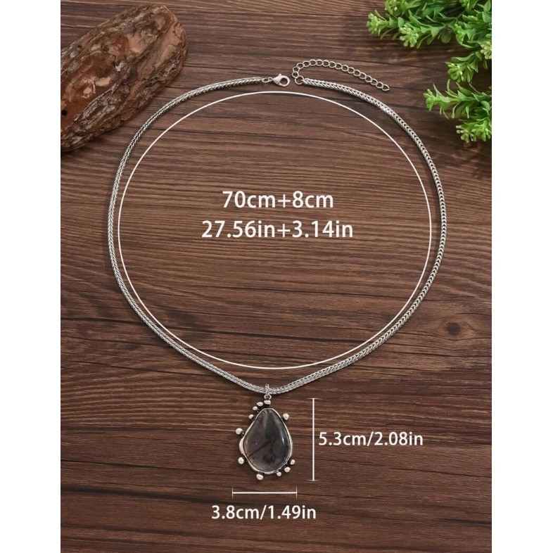 Boho Antiqued Silver Tone Smoky Ink Swirl Teardrop Pendant Wheat Chain Necklace