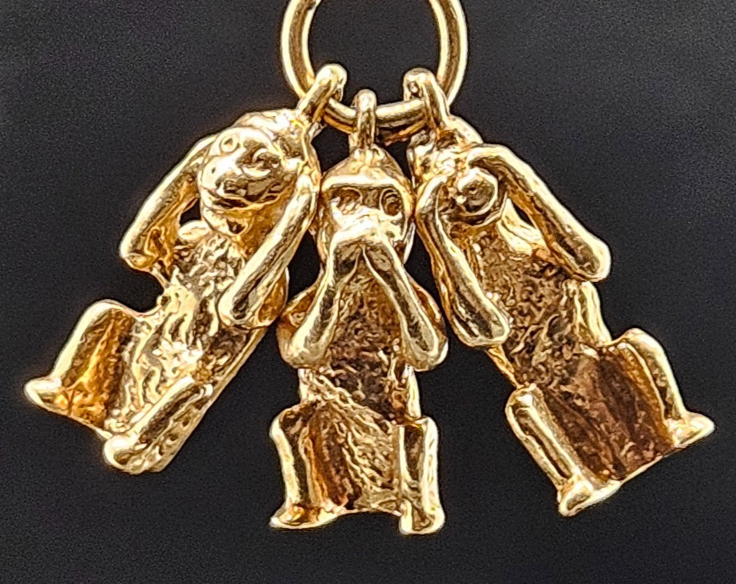 14K Gold THREE WISE MONKEYS Charm Pendant Vintage