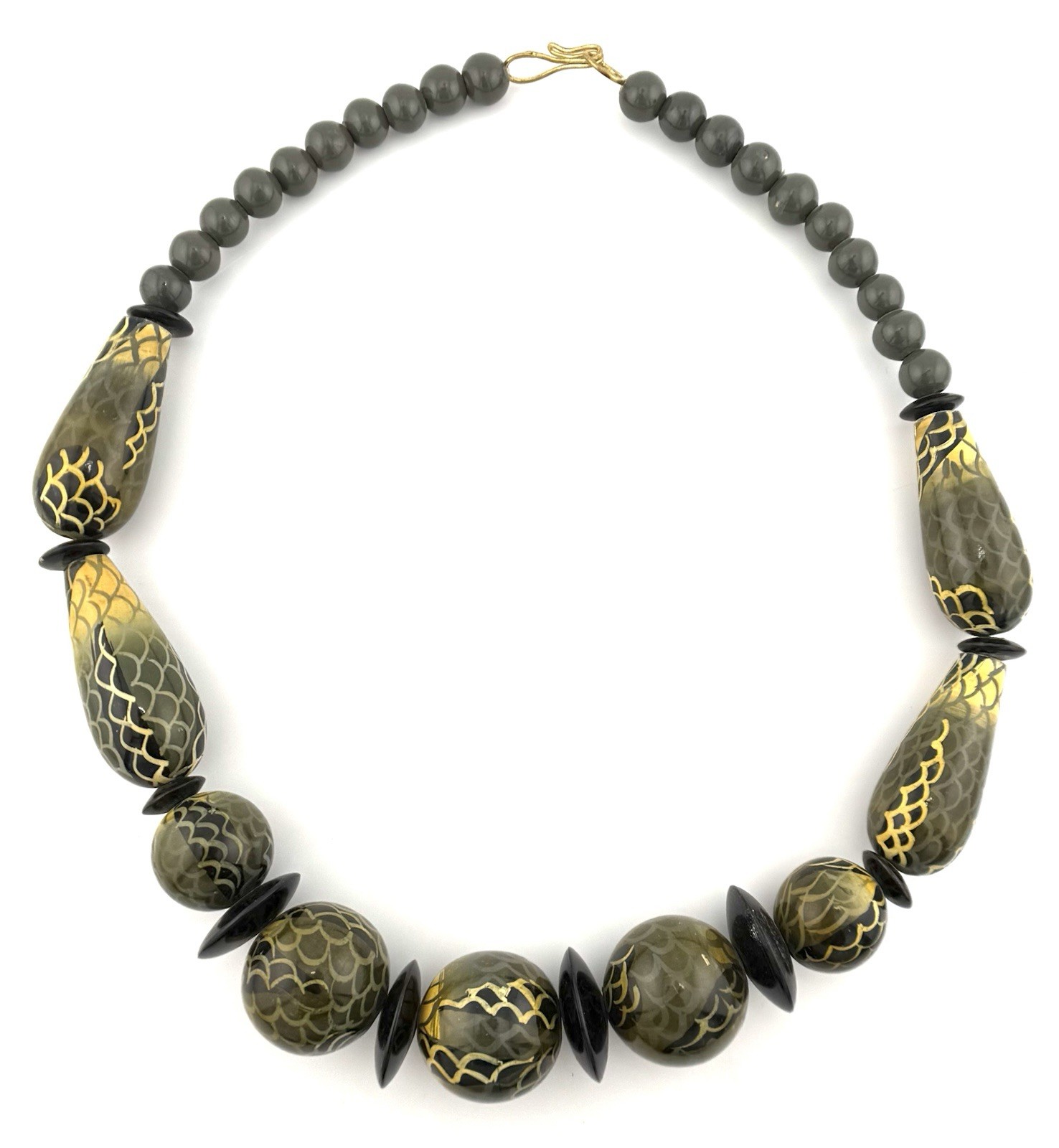 Vintage Olive Green Black Lucite Statement Necklace Gold Scale Beads 21”