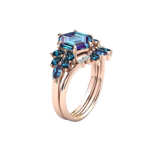 2Pcs Hexagon Cut 925 Silver Cluster Engagement Ring Set for Women (Alexandrite)