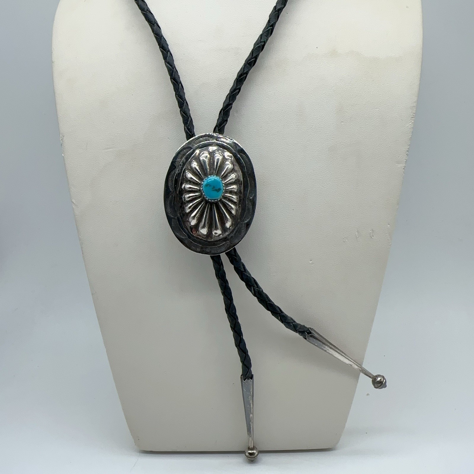 VTG Native American Sterling Silver Concho Turquoise Bolo Tie 22.4g #yhm