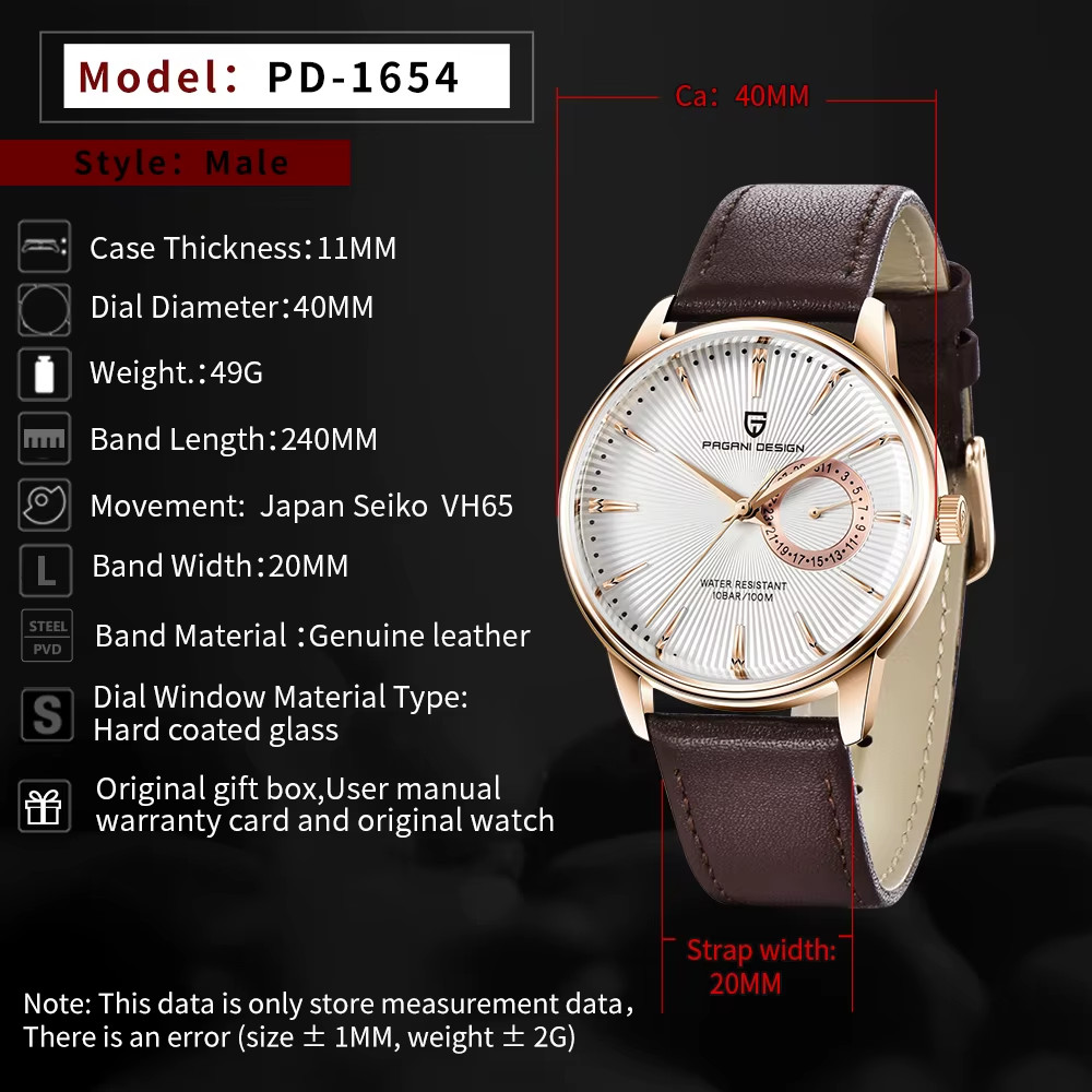 PAGANI DESIGN PD-1654 40MM Men’s Quartz Watch Waterproof, Leather Band