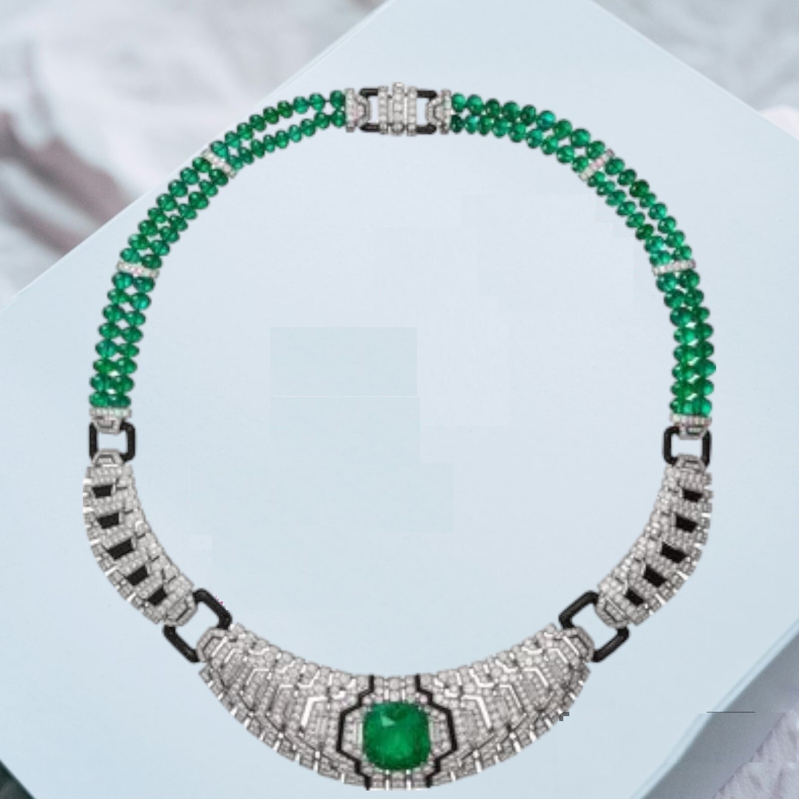 925 Silver Necklace Cubic Zirconia & Syn Emerald Green Beads Luxury High Jewelry