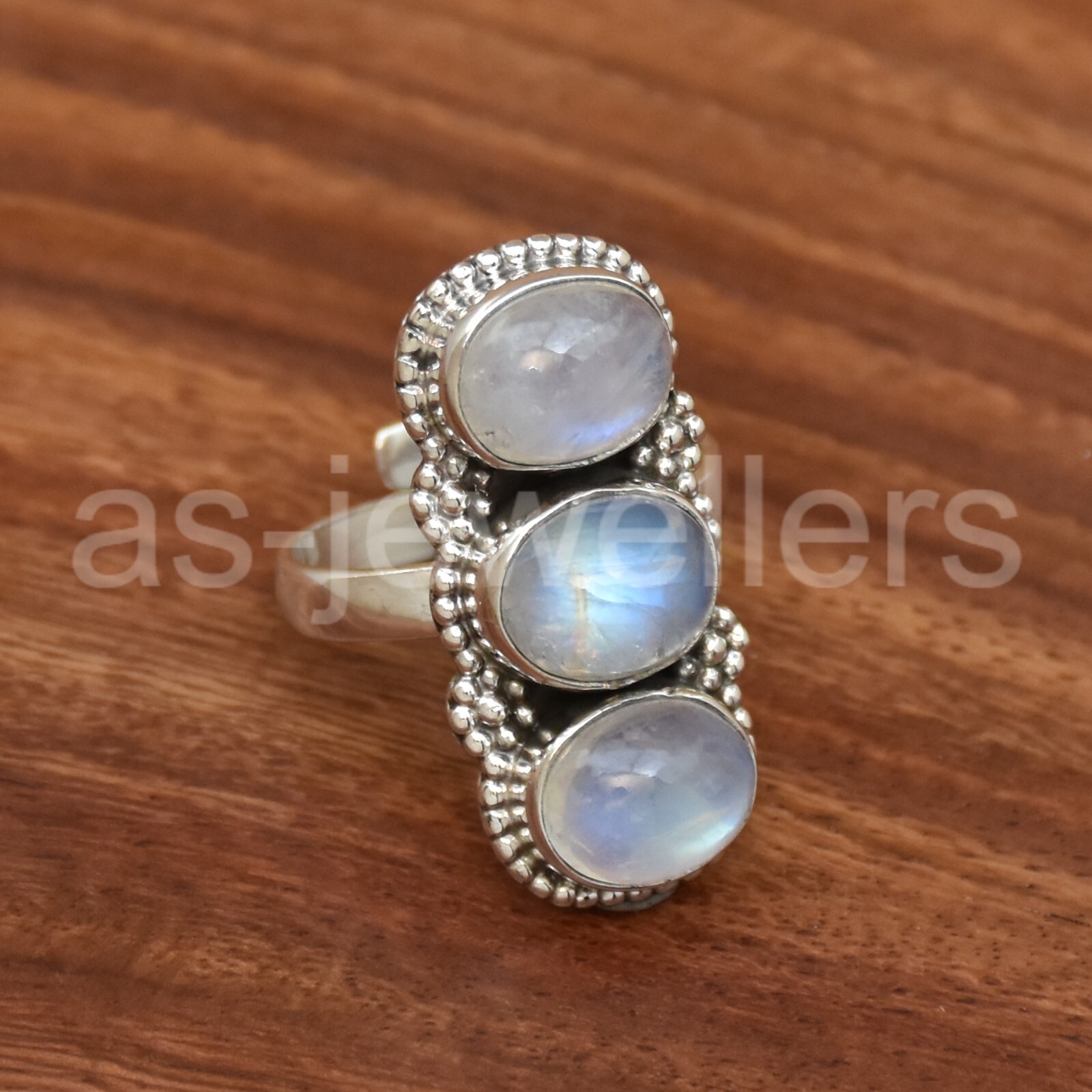 925 Sterling Silver, Rainbow Moonstone Ring, Jewelry for girls, Three Gems Ring