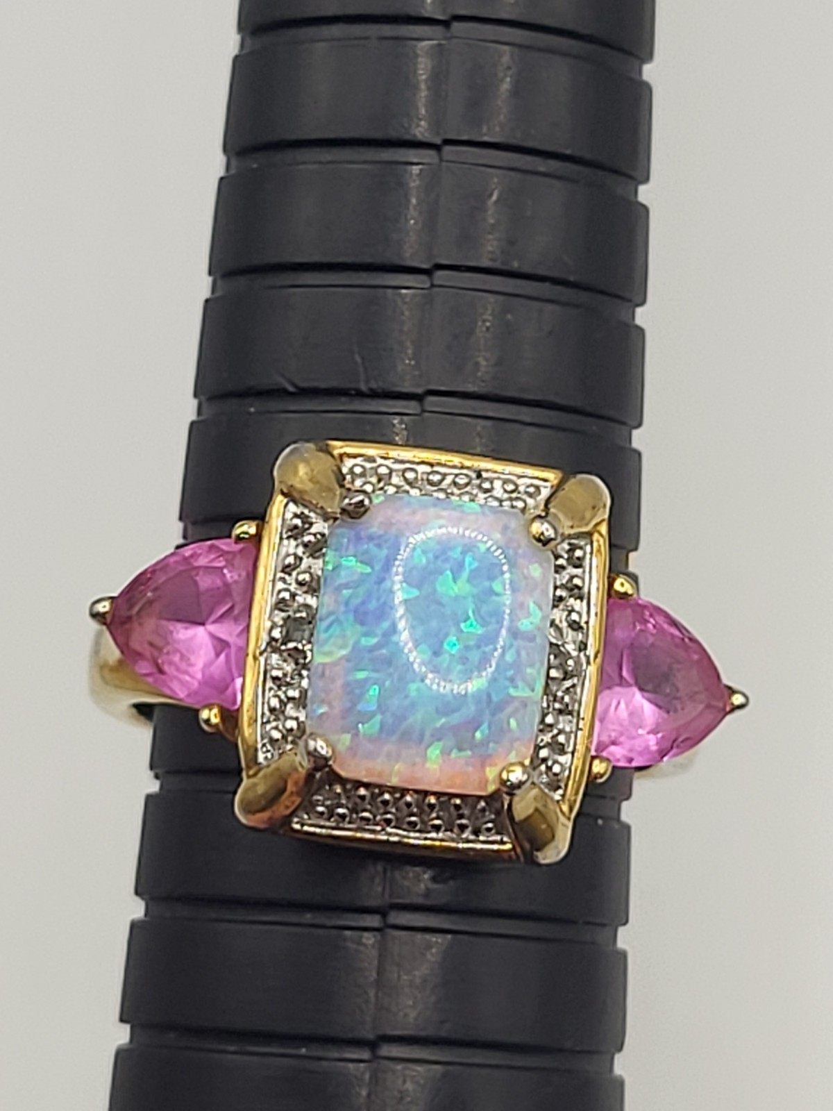 Fire Opal Pink Sapphire Lab Created Stones Sterling Vermeil Cocktail Halo Ring
