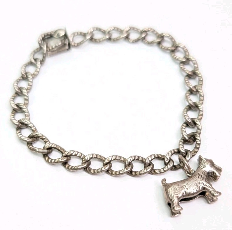 Automade Sterling Silver Charm Bracelet Push Lock Clasp 7-3/4 Inch Scottie Dog
