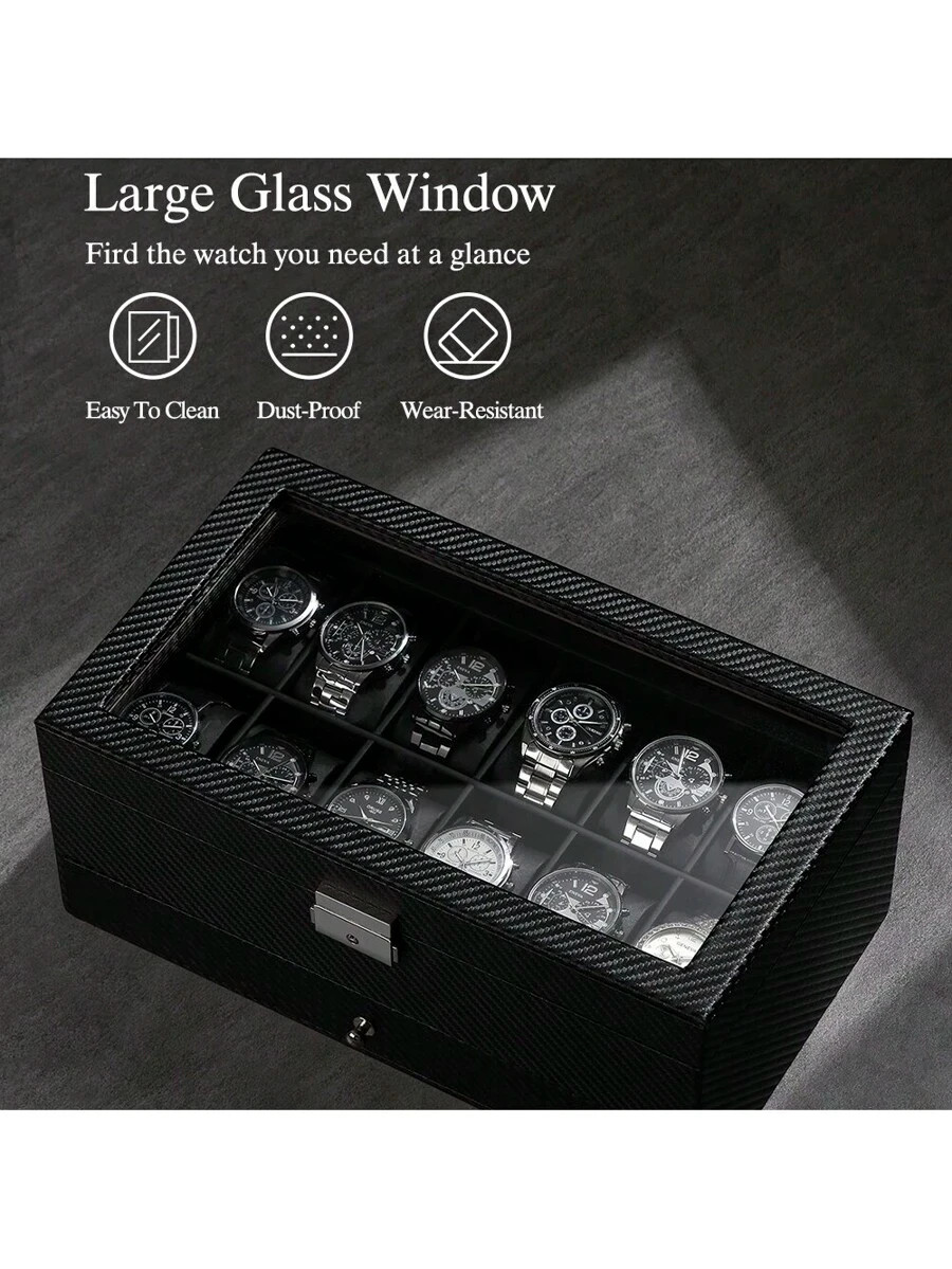 Watch Box 12 Slot Watch Display Organizer Leather Jewelry Case Drawer Glass
