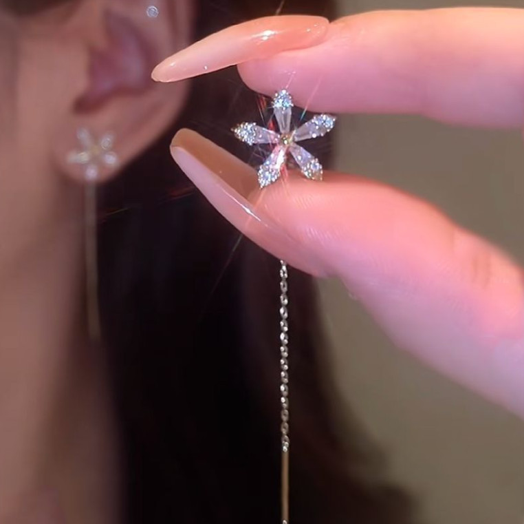 925 Silver Post/Needle Clover Flower Clear CZ Pull Through Threader Earrings G13
