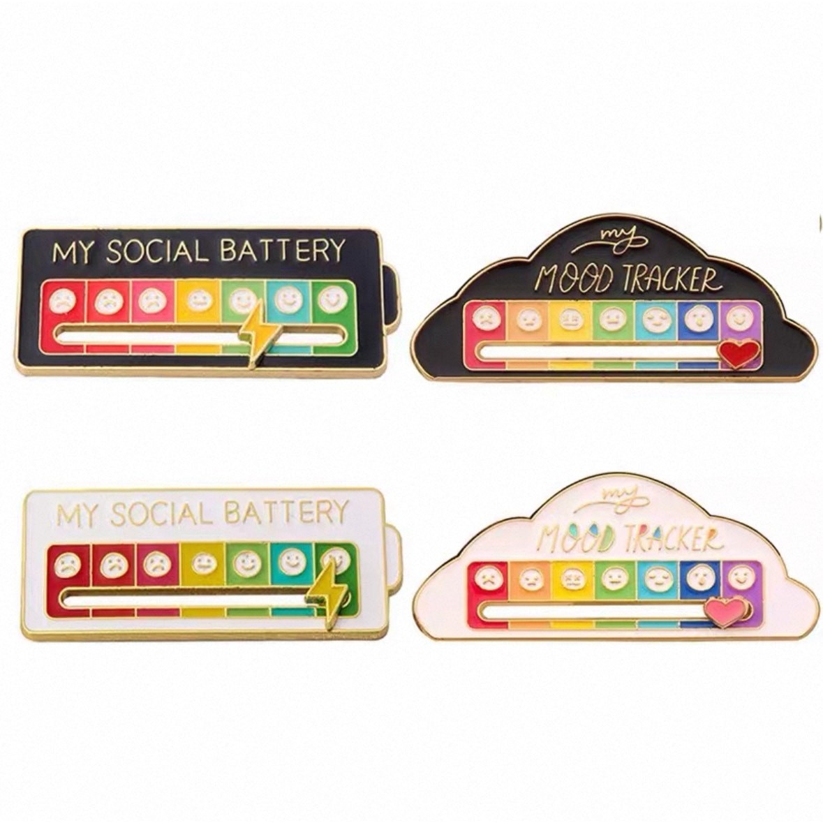 1X Sliding Social Battery Mood Tracker Enamel Pin Adjustable Energy Brooch