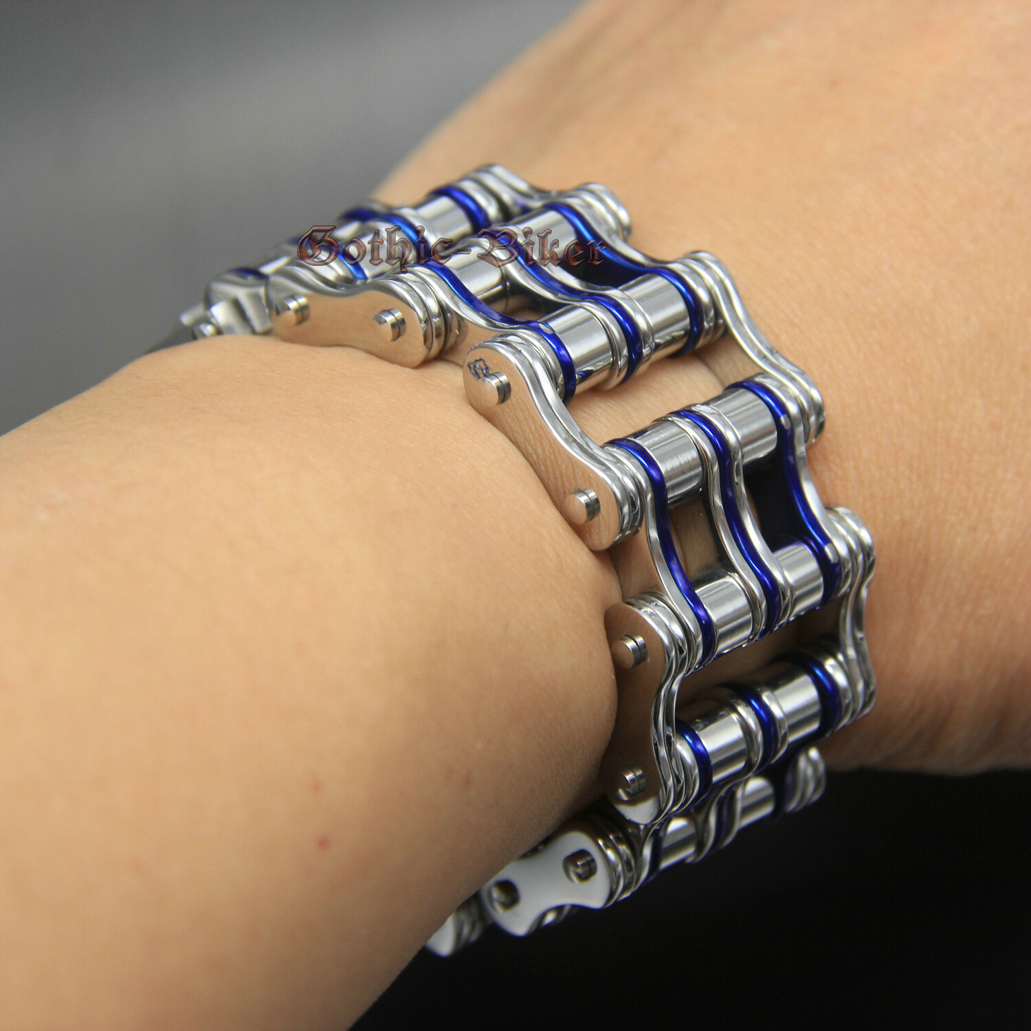Men’s Heavy Stainless Steel Motorcycle Bike Chain Bracelet Silver/Blue 27mm Wide