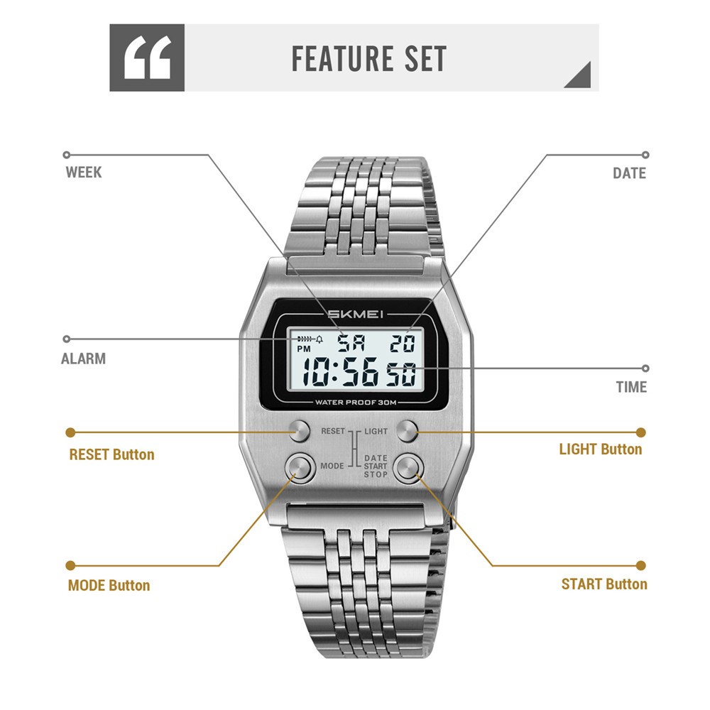 SKMEI Men Rectangle Watch Male Steel Wristwatch Boys Digital LED Display Watches