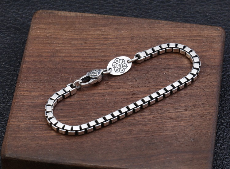Men’s 925 Sterling Silver Venetian Box Chain Bracelet 4mm Square Link 7.87in