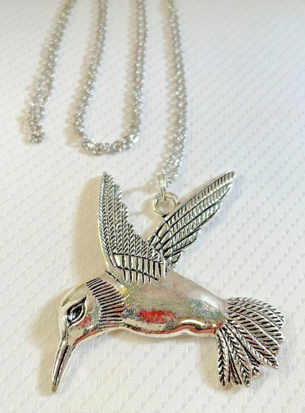 Hummingbird Silver Necklace 30” Stainless Statement Jewelry Bird Gif NEW