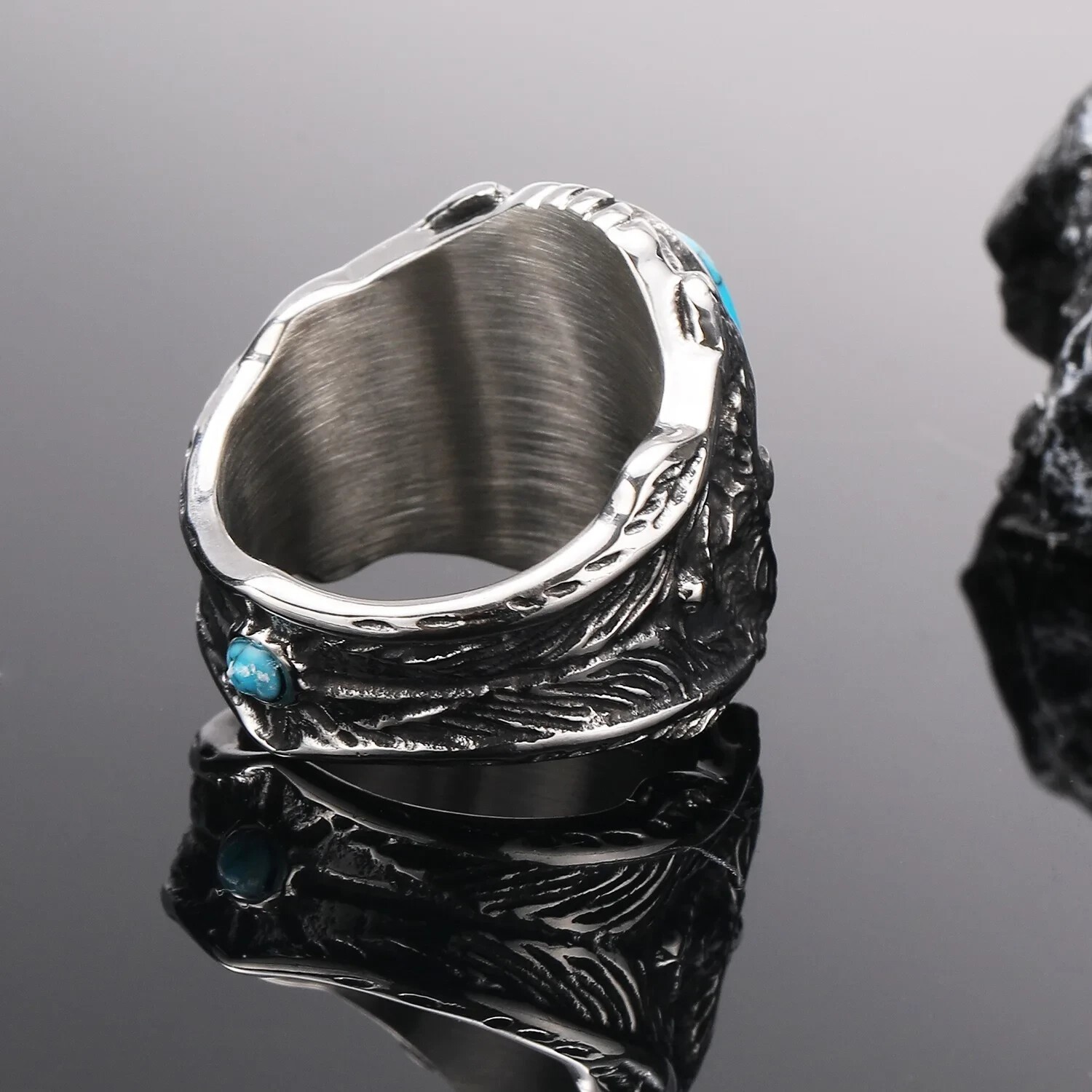 Mens Large Biker Eagle Turquoise Stone Ring Men Stainless Steel Size 7-15