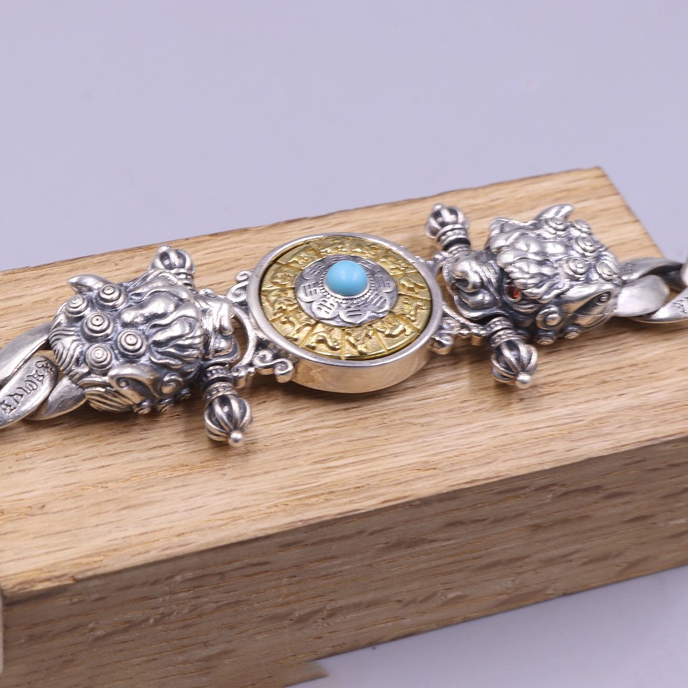 Pure S925 Sterling Silver Chain 27mm Double Pixiu Curb Bracelet 60-61g 7.9inch
