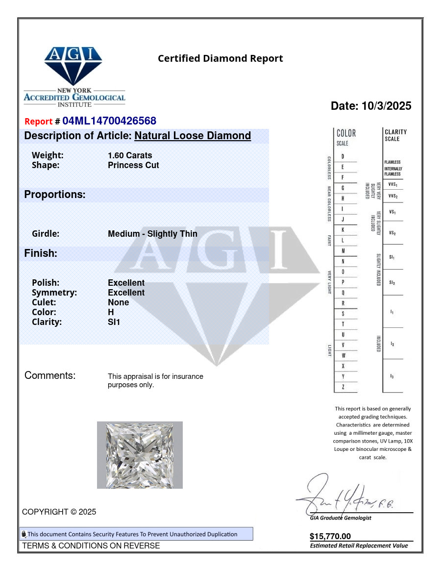 1.60 Carat Cert. AGI Princess Natural Mined Diamond Loose H color SI1 clarity