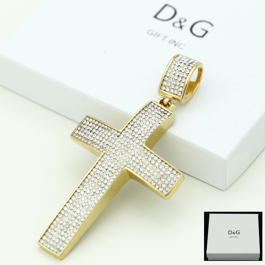 DG Men Stainless Steel JESUS CROSS 81mm Big Charm Cubic Zirconia Gold plated*BOX