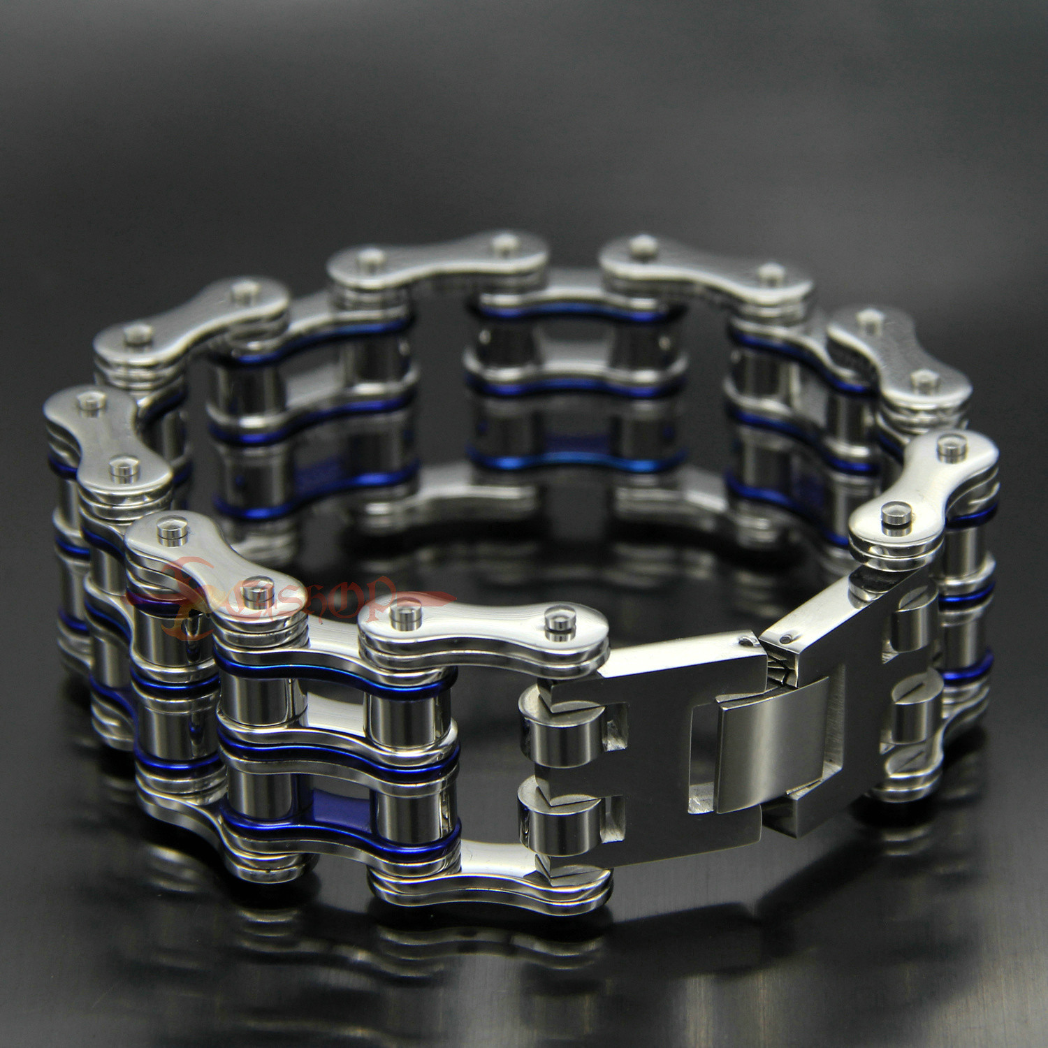 Men’s Heavy Stainless Steel Motorcycle Bike Chain Bracelet Silver/Blue 27mm Wide