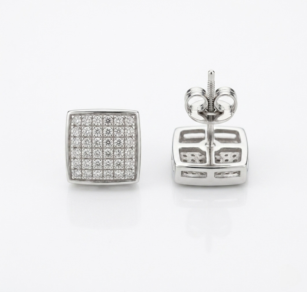 Mens Square Created Diamond Stud Earrings 925 Sterling Silver White Gold