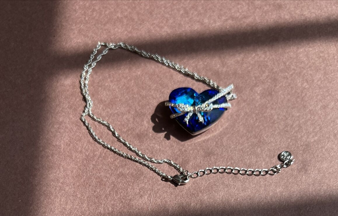 Vintage Qianse Swarovski Crystal Blue Heart Love You Forever Necklace 16″