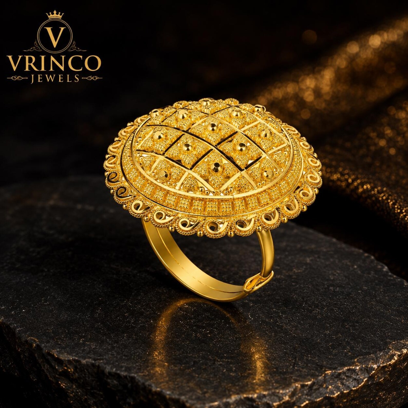 22KT Hallmarked Yellow Gold Statement Ring Designer Luxury Ring for Women Gift