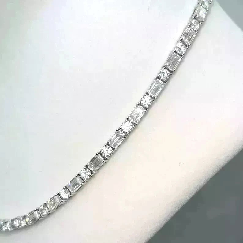 30 Ctw Emerald & Round Cut Lab Created Diamond Tennis Necklace 14k White Gold FN