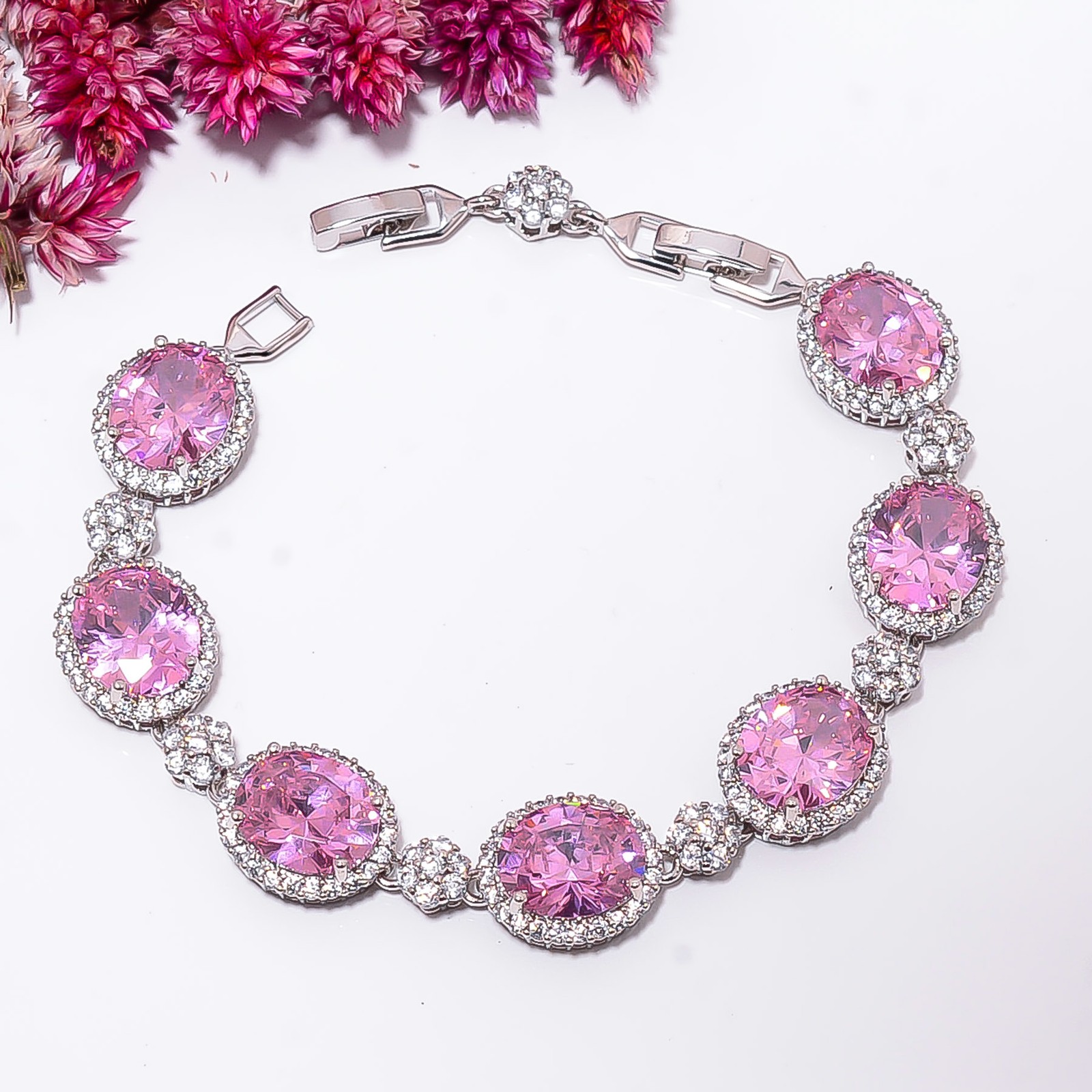 Pink Sapphire -Simulated, CZ 925 Sterling Silver Adjustable Bracelet 7-8″ B3242