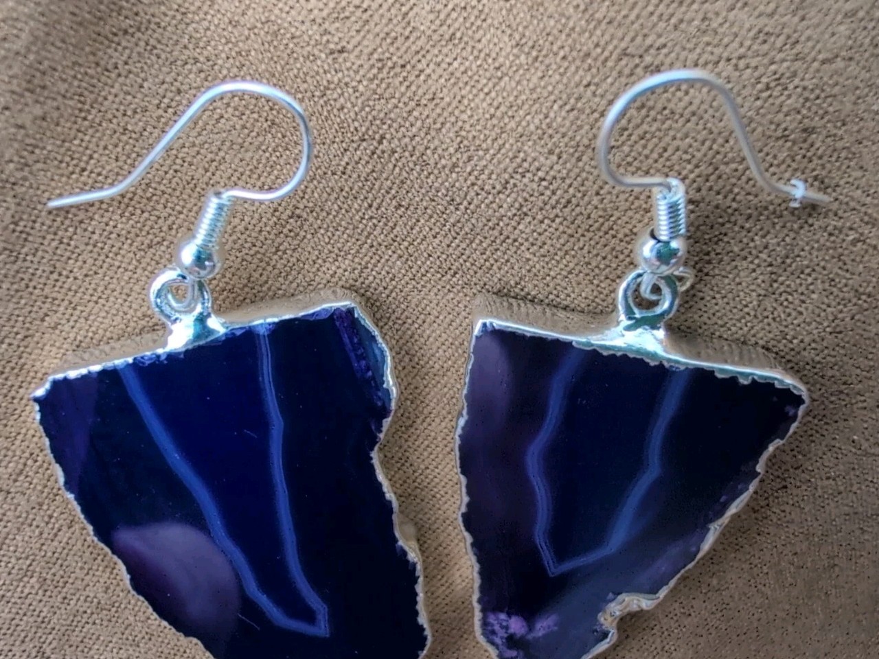 Natural Purple Agate Geode Slices Hook Earrings With Silver Plated Edge Brazil