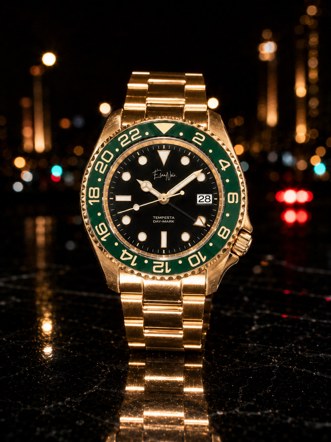 Custom Élan Noir Tempesta Automatic GMT Watch 41mm Steel Gold/Black/Green NH35