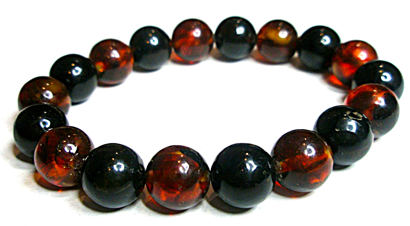 Real Baltic Amber Boho Round Beads 9 mm, Bracelet 16 cm 6.3”, Red Cherry, Black