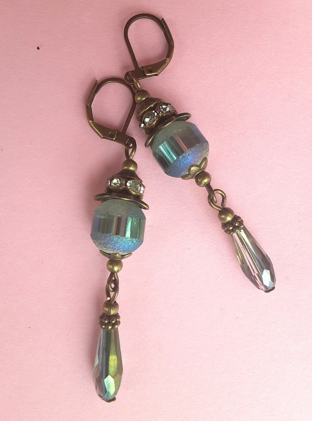 Banded Frosted CRYSTAL dangle earring Bronze LEVERBACK handcrafted #DMX