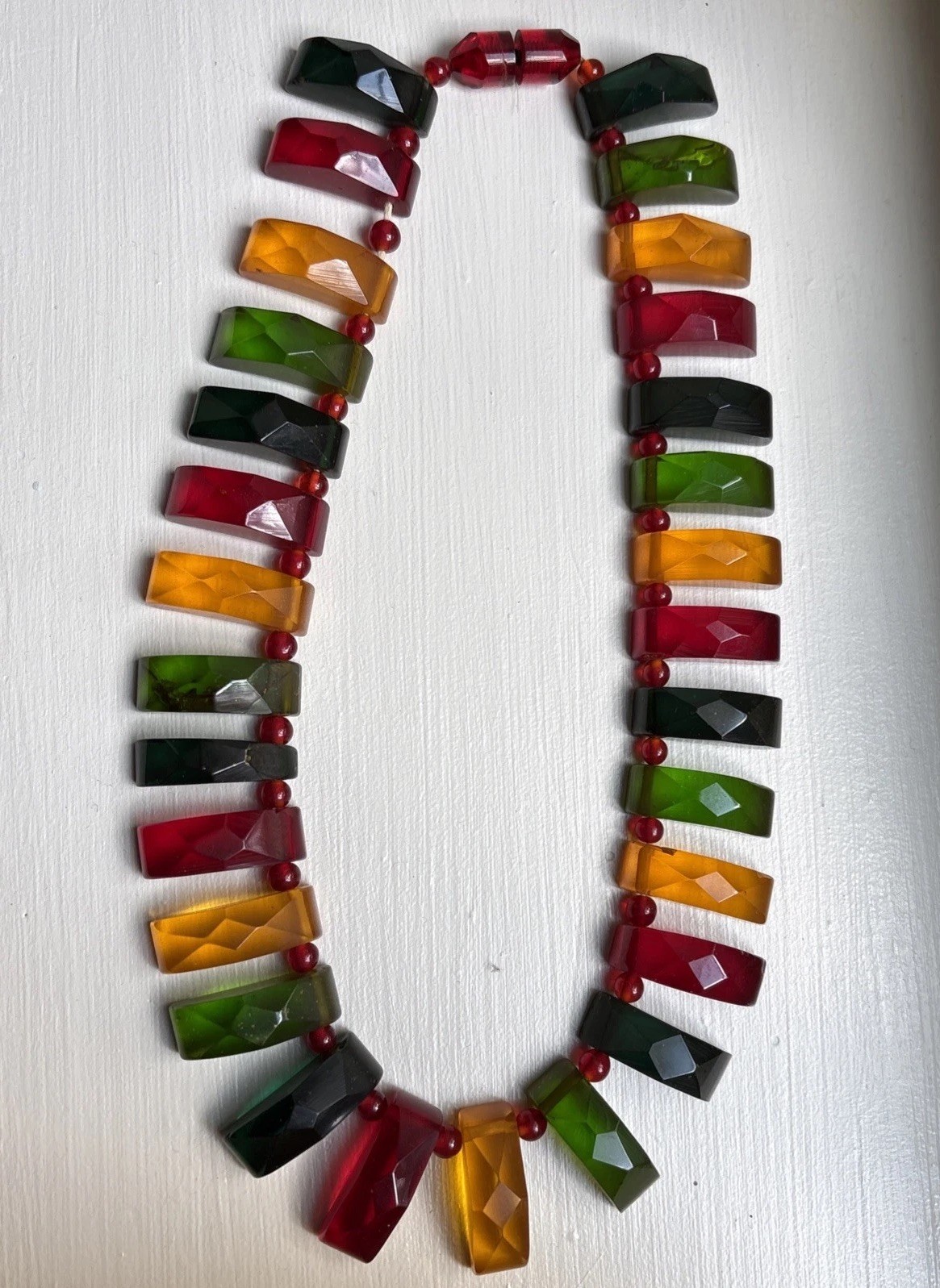 Vintage Tested Bakelite Faceted Geometric Necklace Red Green Amber 16” Lucite Sp