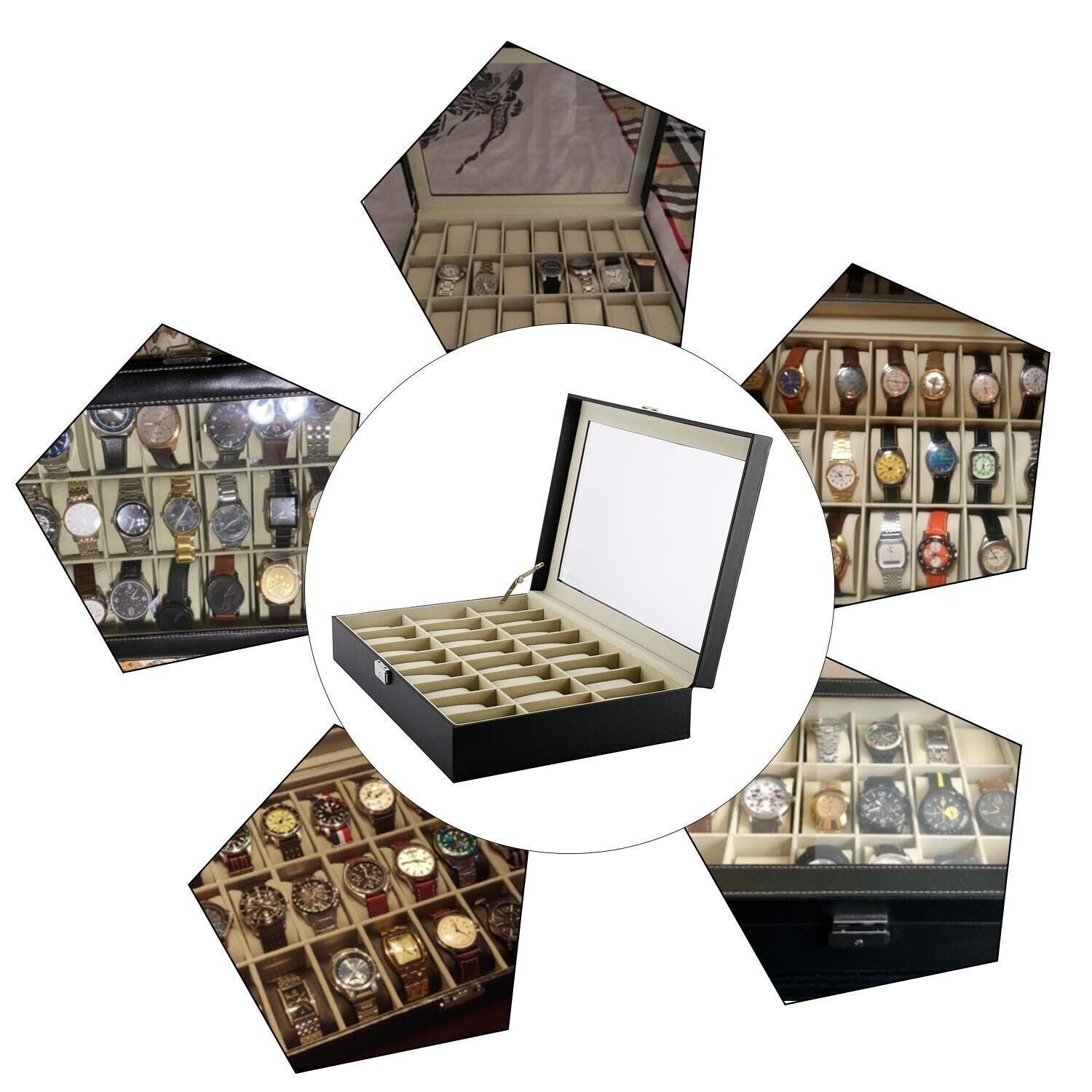 24 Slots Watch Box PU Leather Watch Case Organizer Watch Display Case Lockable ✅