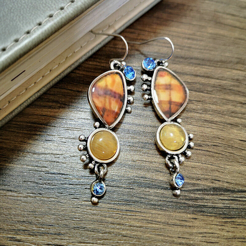 Unique New Silver Plated Resin Agate & Gemstone Hook Dangle Drop Earrings