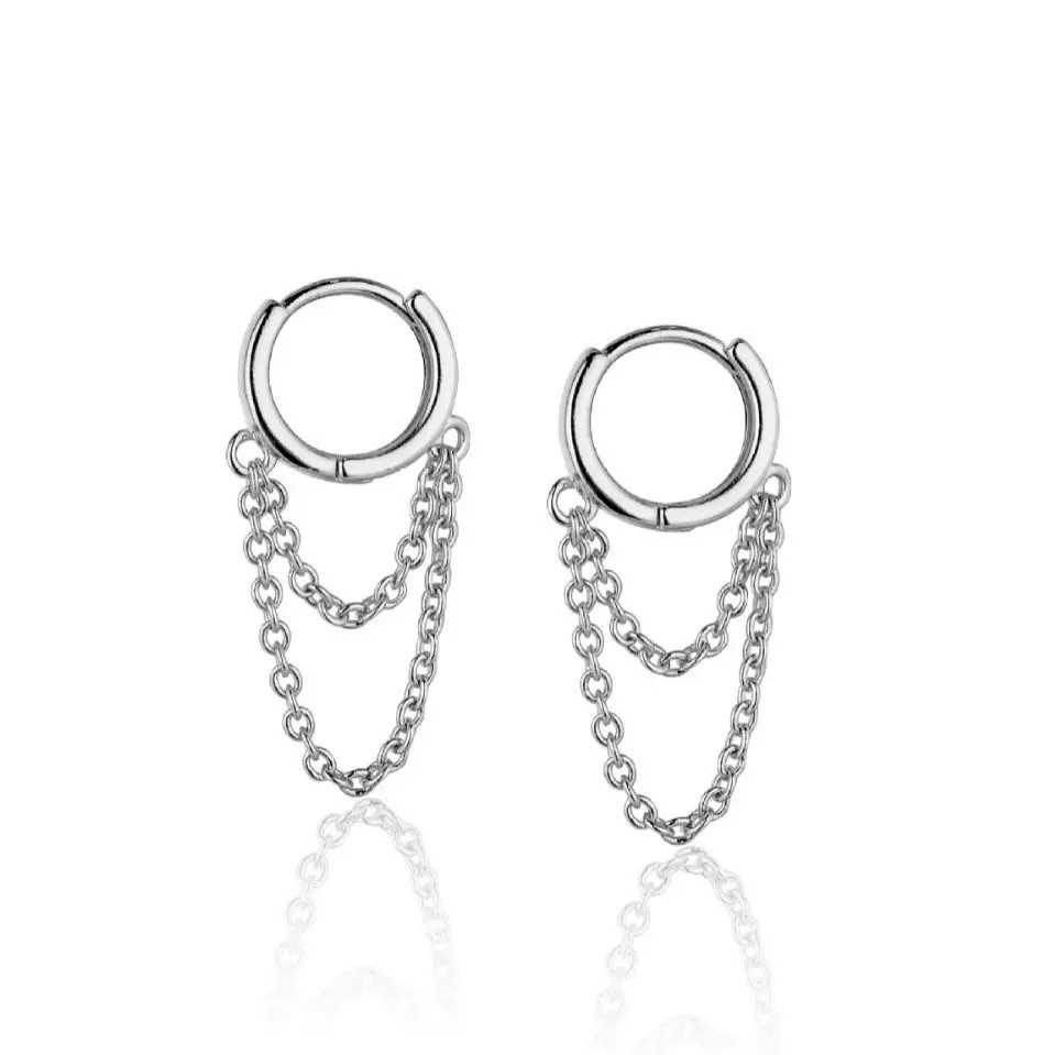 925 Silver Chain Huggie Hoop Earrings Dangle Double Chain Drop Earrings 087