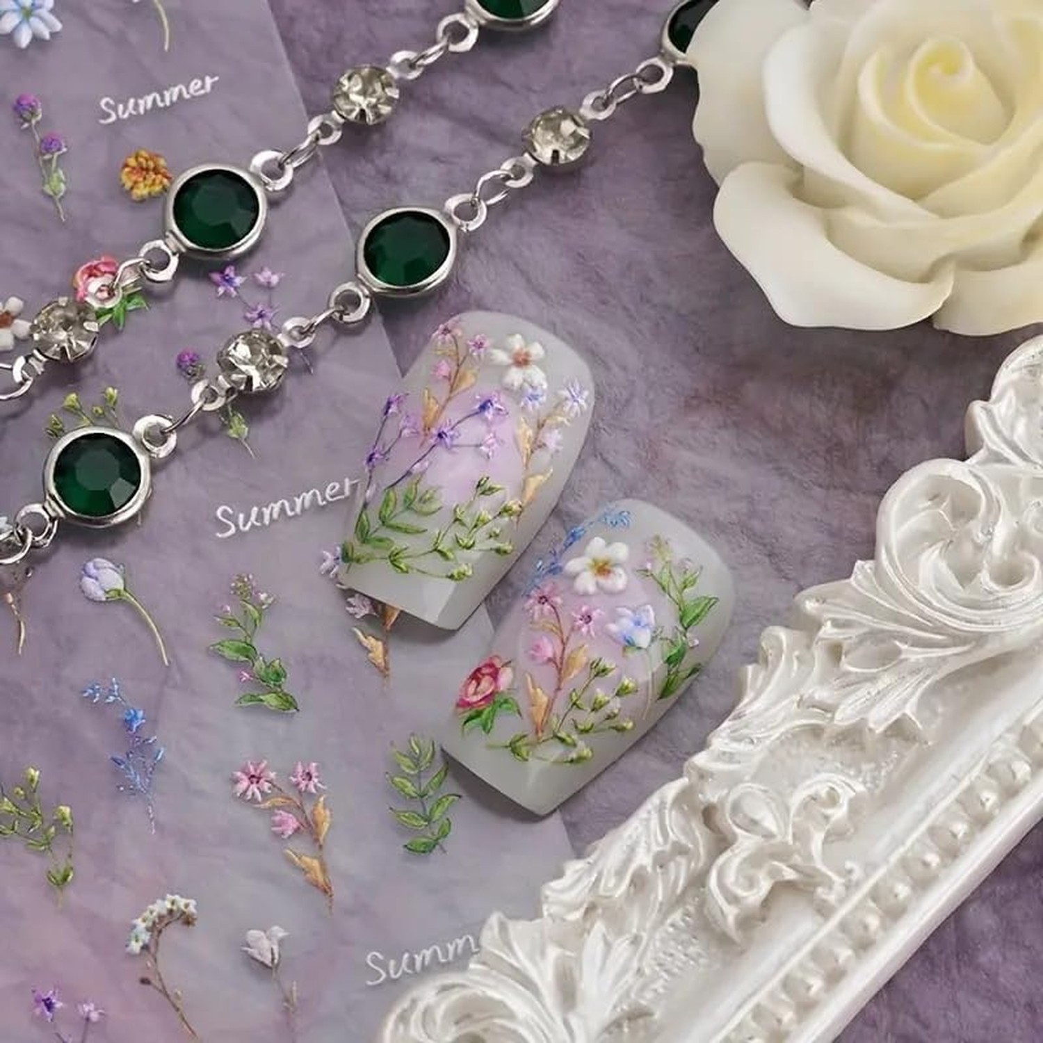 Flower Nail Stickers Summer Floral Leaf Plant 5D Embossed Nail Decals Spring …