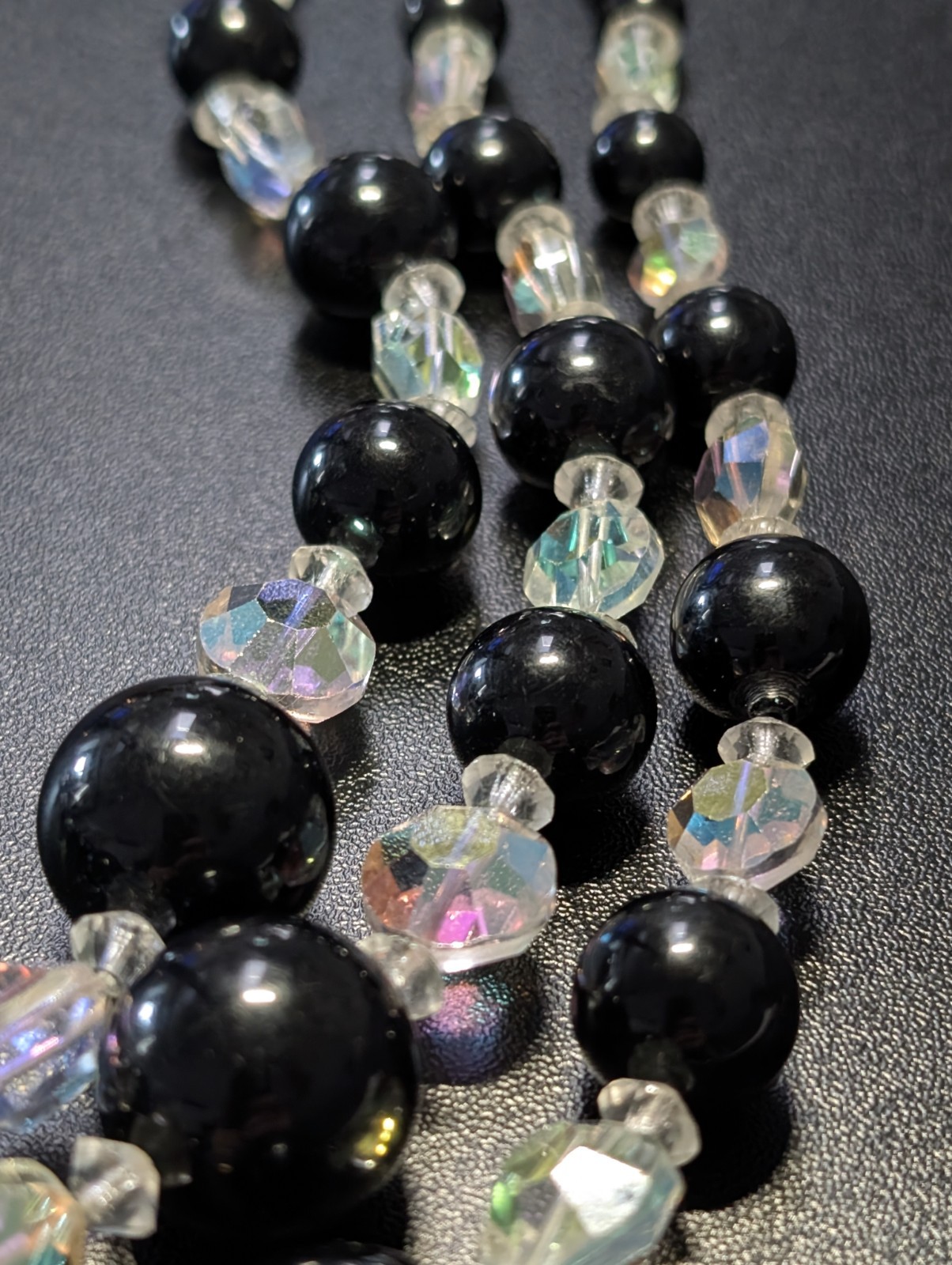 Vintage 1950s Black Aurora Borealis AB Crystal Bead Necklace 3 Strand Multi Bib