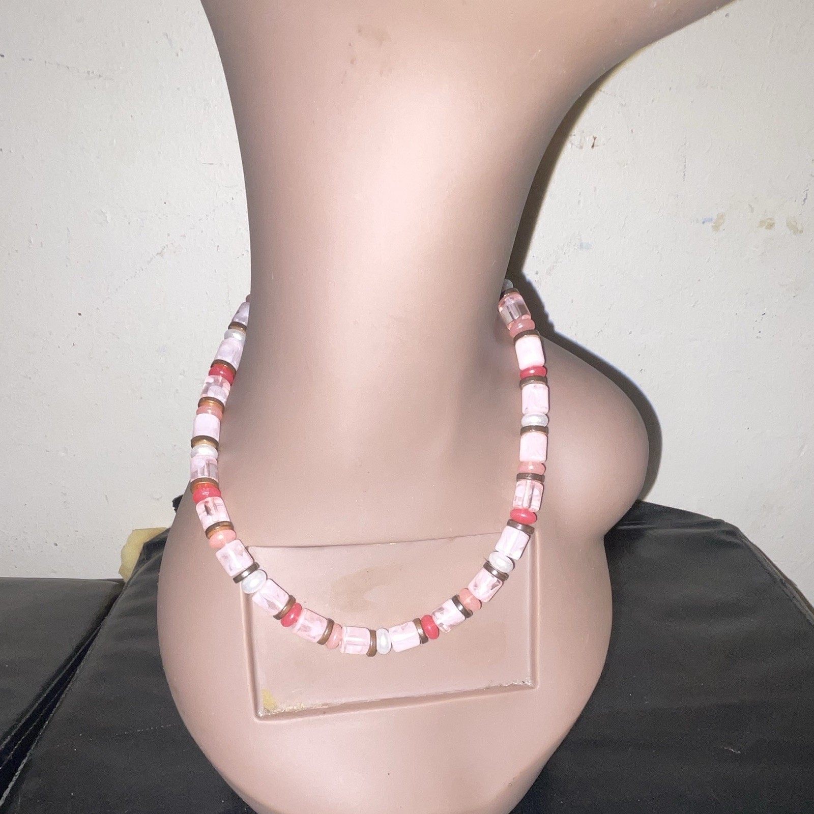 Pink White Red Beaded Necklace, Adjustable Gold Tone Cable Chain, Oval Charm