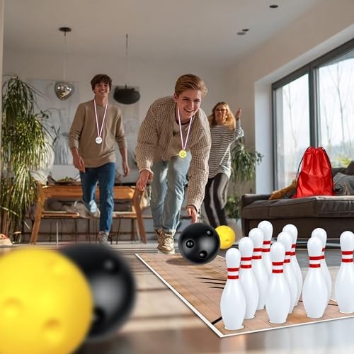 Mini Bowling Set Indoor Outdoor Indoor Bowling Set with Guide Arrow Mat Gold