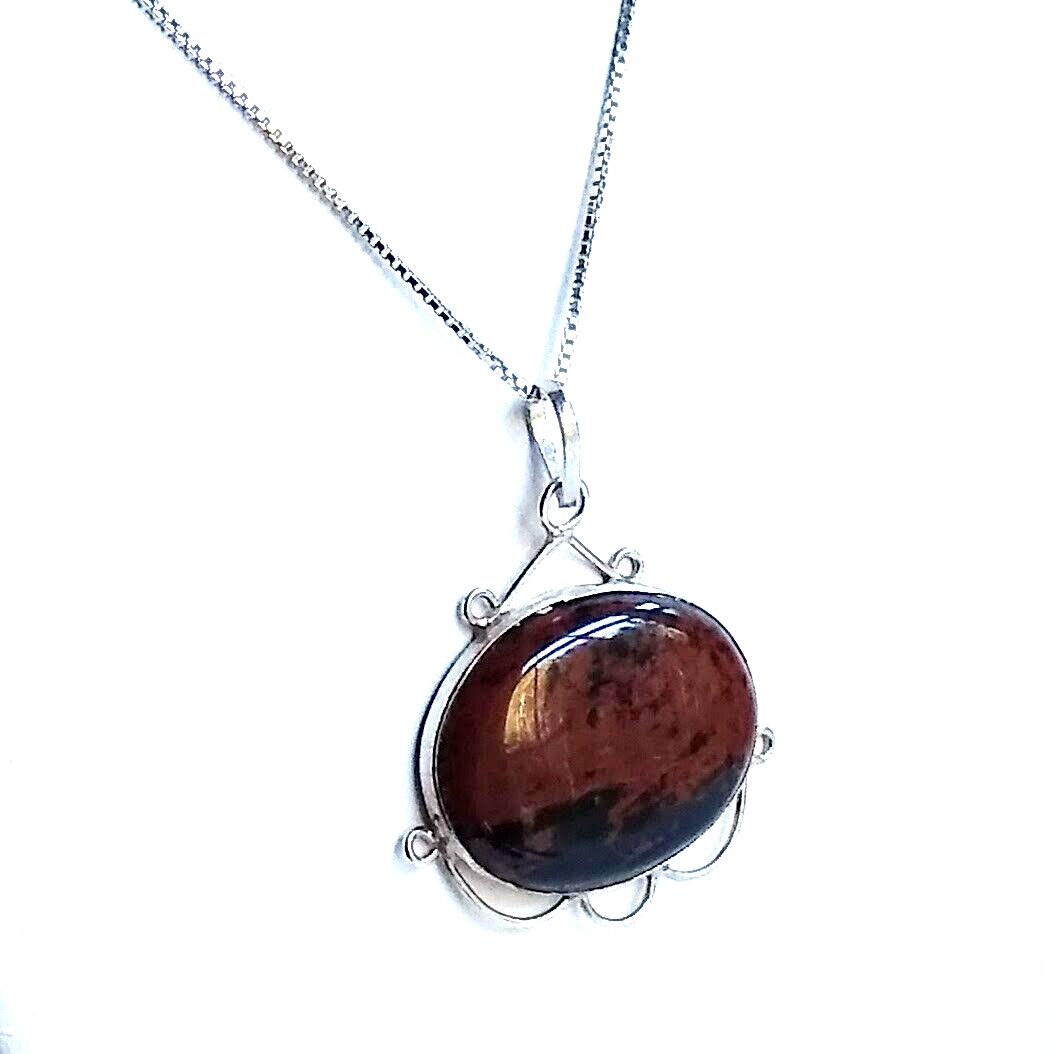 VTG New Mahogany Obsidian 925 Sterling Silver Pendant 18″ Necklace w Chain