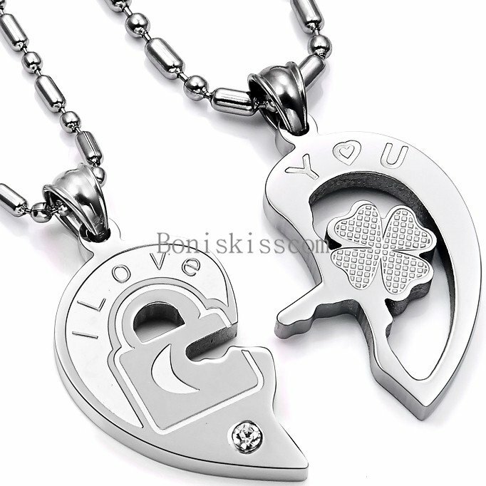 His and Hers Stainless Steel I Love You Heart Lock & Key Couple Pendant Necklace