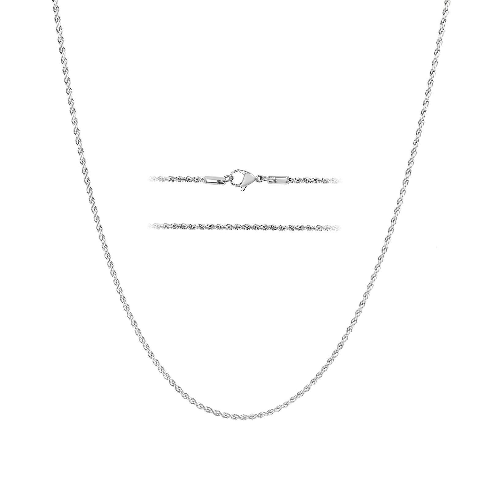 KISPER 24k White Gold Rope Chain Necklace –Thin, Dainty, White Gold Plated