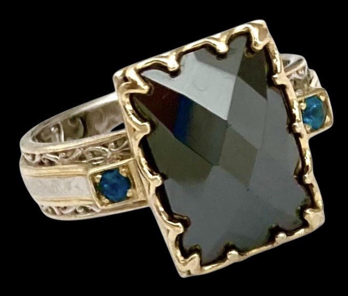 GEMS EN VOGUE Sterling Silver Gold Plated HEMATITE & NEON BLUE APATITE Ring