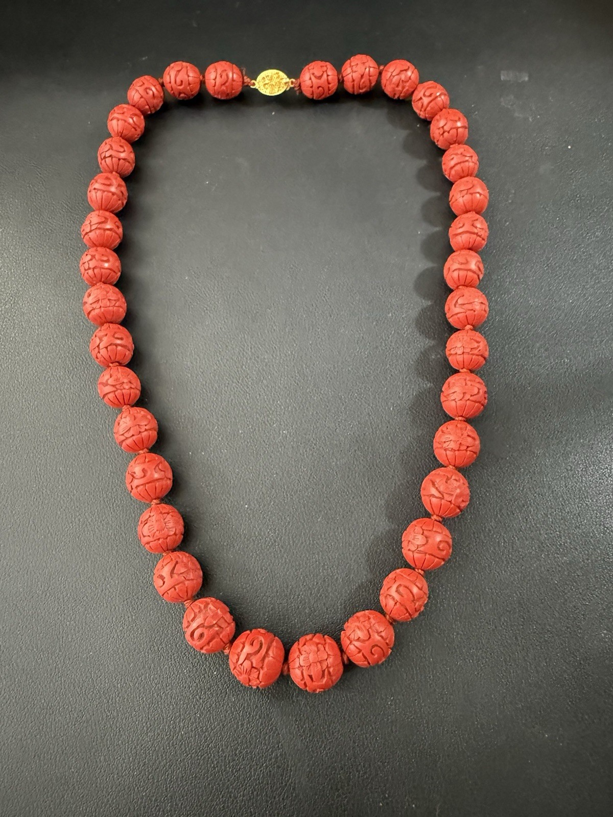 Vintage Chinese Export 24″ Necklace Hand Carved Red Cinnabar Lacquer Beads H12