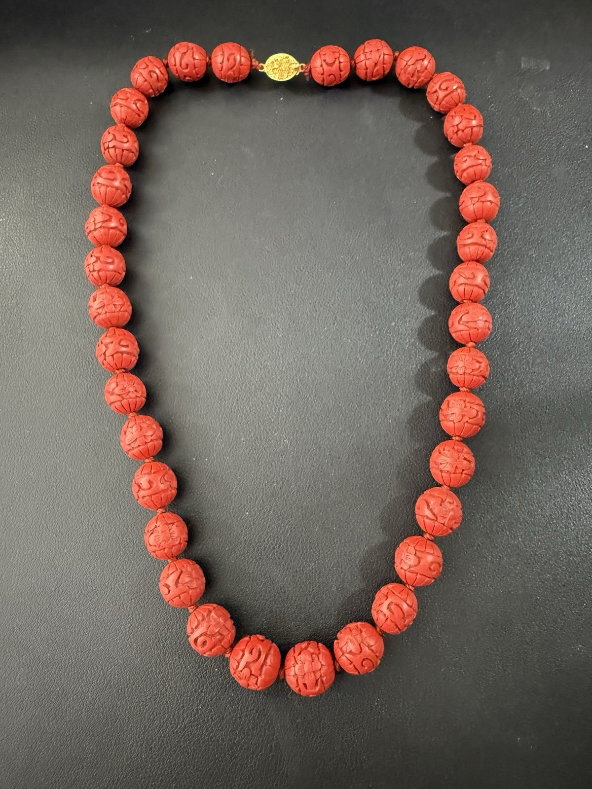 Vintage Chinese Export 24″ Necklace Hand Carved Red Cinnabar Lacquer Beads H12