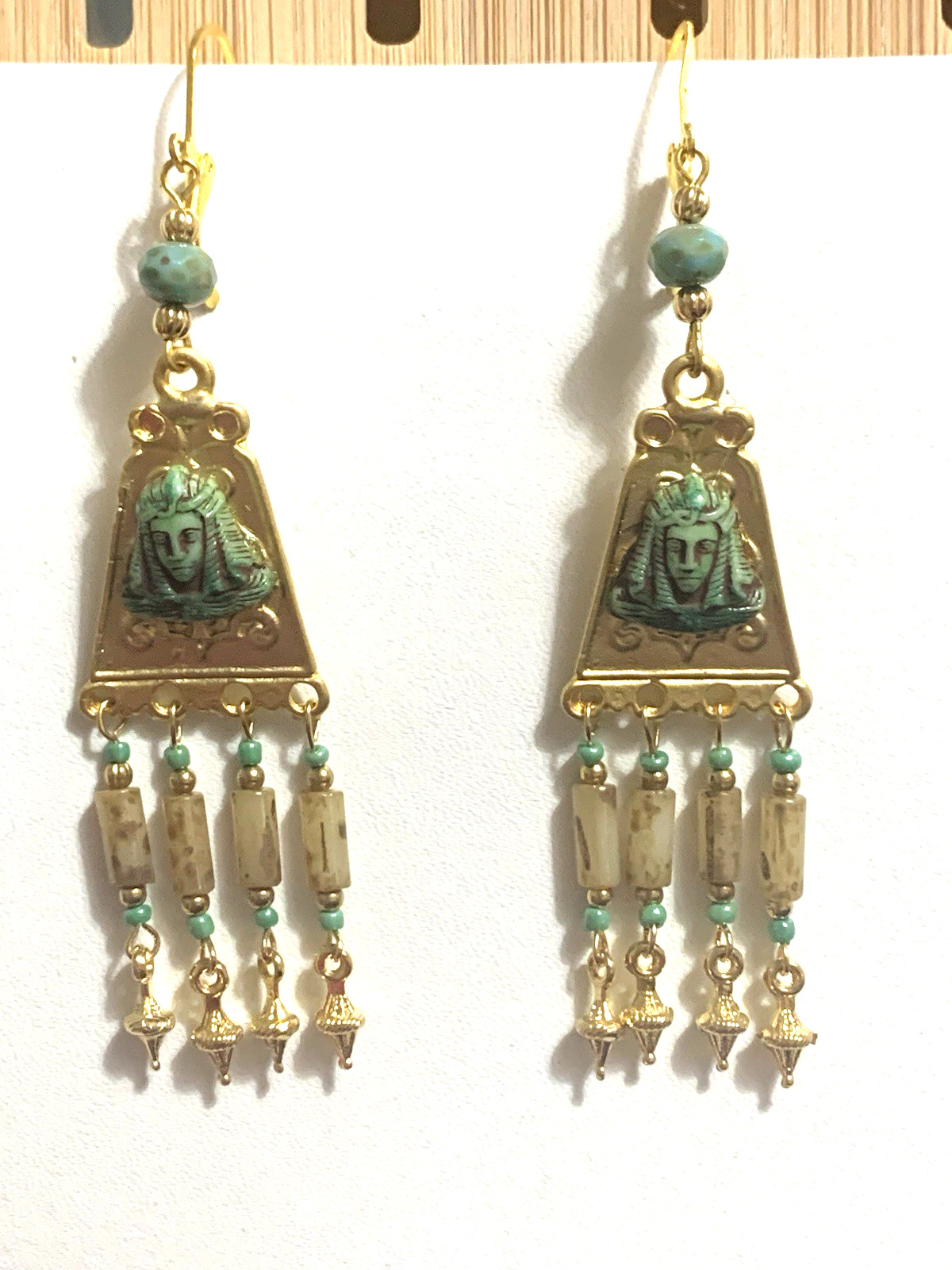 NEW ITEM*ARTISAN*EGYPT REVIVAL CZECH NEIGER GLASS PHARAOH CHANDELIER EARRINGS.g