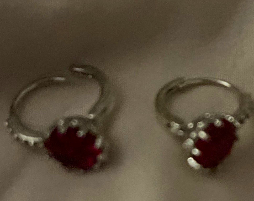 Silver Tone Metal Huggie Hoop Earrings Round Red Stone Prong Latch Back