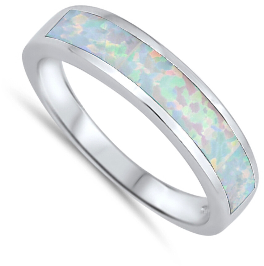 Long Stripe White Lab Opal Wedding Ring New .925 Sterling Silver Band Sizes 4-12